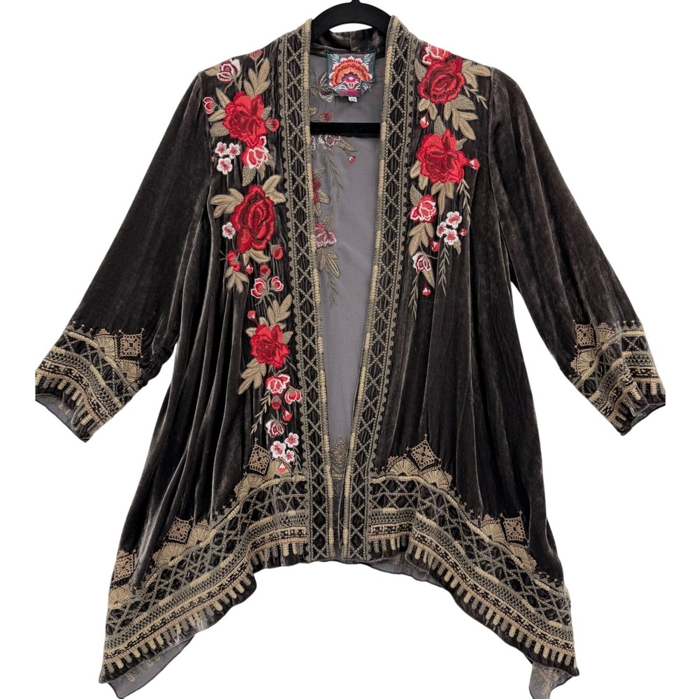Johnny Was Meri Floral Embroidered‎ Velvet Kimono XS Boho Western Layers